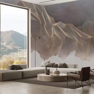 Carta da parati moderna astratta neutra - murale con linee 3D beige, decorazione murale strutturata, decorazione murale estetica minimalista per il soggiorno