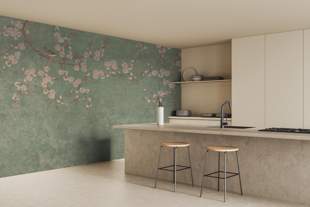 Chinoiserie Cherry Blossom Wall Mural • Green Floral Wallpaper ...