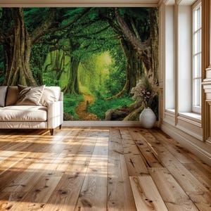 Enchanted Forest Wallpaper – Magical Jungle Path Wall Mural, Lush Green Tree Tunnel Scene for Bedroom, Spa, Meditation or Feature Wall