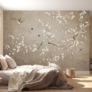 Bird and Blossom Wallpaper – Oriental Floral Wall Mural with Cherry Tree Branches, Nature-Inspired Art for Living Room or Bedroom Walls