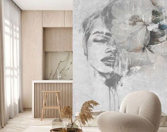 3D Frauen Porträt Wallpaper | Beton Wandbild | Schälen & Aufkleben | Großer Druck| Vintage Wandbild | Wohnzimmerwand | Abnehmbar | Kostenloser Versand