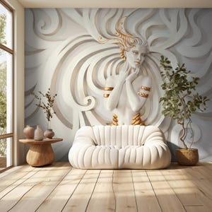 Carta da parati murale 3D di lusso – Carta da parati con scultura femminile astratta e dettagli dorati, decorazione in stile Art Nouveau testurizzata per interni moderni