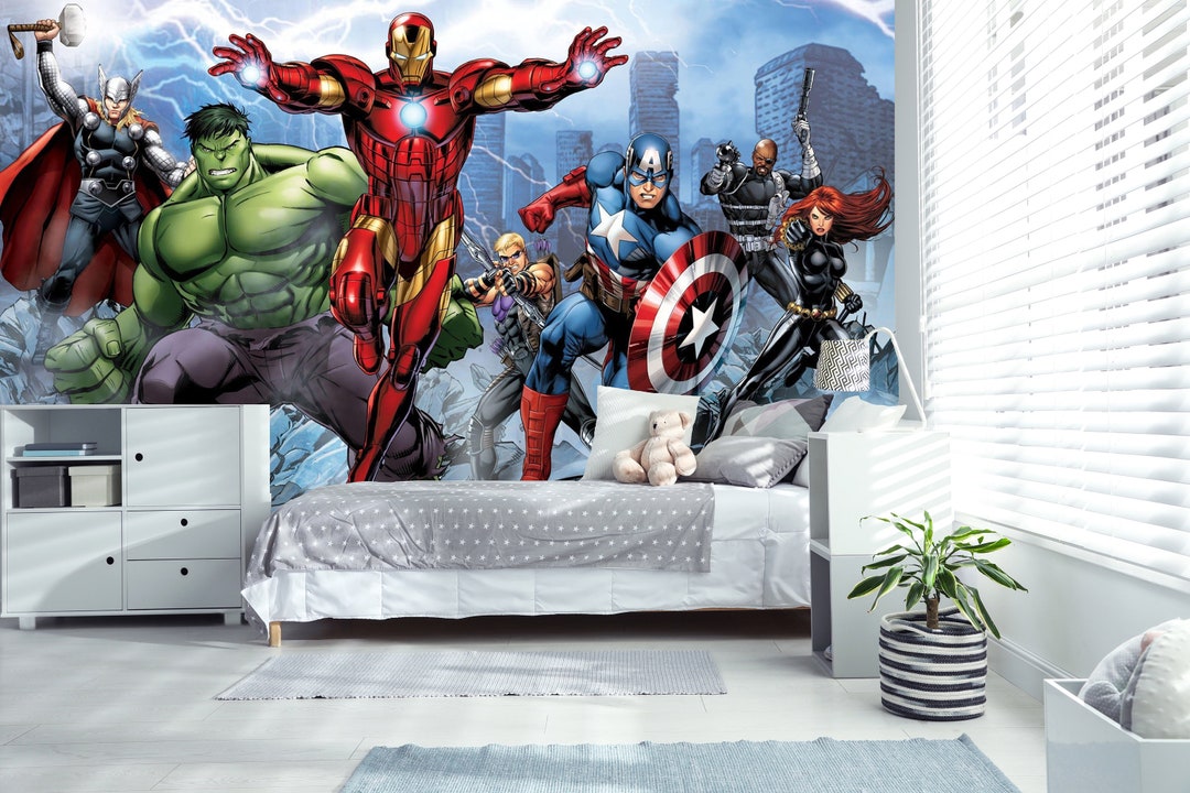 Superheroes Mural Wallpaper Marvel Wall Decor Peel and Etsy