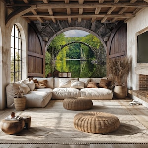 Carta da parati murale per porte con ponte naturale - Carta da parati ad arco 3D con vista panoramica sul lago e sulla foresta, decorazione murale con riflessi Rakotzbrücke per un arredamento moderno