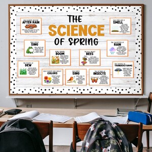 May include: A rectangular educational bulletin board titled The Science of Spring with a white wood grain background and black polka dot border. It features eleven informative cards with text and illustrations about seasonal topics like rain, bees, and flowers.