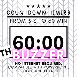 Op de afbeelding: Aftelklok met een zwart-wit display dat 60:00 laat zien. De timer heeft een roze "BUZZER"-tekst en de woorden "COUNTDOWN TIMERS FROM 3 S TO 60 MIN" boven het display. De tekst "NO INTERNET REQUIRED. COMPATIBLE WITH POWERPOINT, GOOGLE AND KEYNOTE" staat onder het display.
