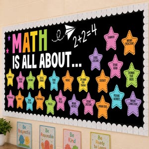 Może przedstawiać: Czarna tablica ogłoszeniowa z napisem MATH IS ALL ABOUT..., białym papierowym samolotem i tekstem 2+2=4. Zawiera kolorowe wycinanki w kształcie gwiazdek z hasłami takimi jak Teamwork, Creativity i Problem Solving na czarnym tle.