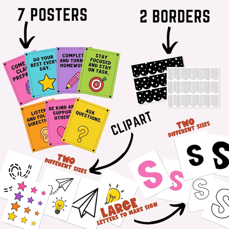 May include: A classroom decor set featuring seven colorful posters with motivational text, two styles of decorative borders, and various clipart elements including stars, paper airplanes, light bulbs, and large letters in two different sizes.
