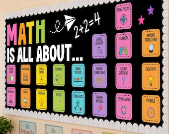 May include: A large rectangular classroom bulletin board with a black background and white scalloped border. The text reads MATH IS ALL ABOUT... with colorful square icons featuring math-related concepts like problem solving and teamwork.