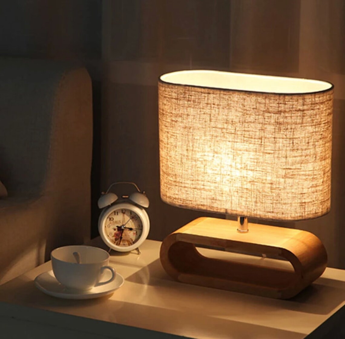 Wooden Linen Style Table Desk Bedside Reading Lamp Etsy