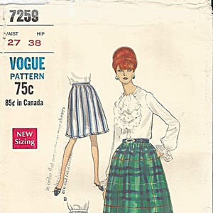 May include: Vintage sewing pattern for a skirt. The pattern is for a long, green plaid skirt and a shorter, striped skirt. The pattern number is 7259 and the size is 27 waist and 38 hip. The pattern is from Vogue and costs 75 cents.