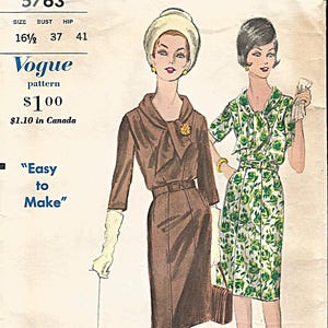 May include: Vintage Vogue pattern 5763 featuring two illustrated women's dresses. One is a brown dress with a bow detail, the other a floral print dress. The pattern includes bust 37 inches and hip 41 inches measurements. The text "Easy to Make" is also visible.