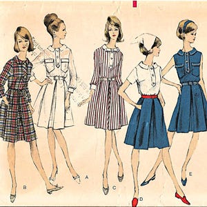 May include: Vintage Vogue sewing pattern 6514 featuring illustrations of five different dresses. The dresses include a plaid dress, a white dress, a striped dress, a white top with a blue skirt, and a denim dress. The pattern includes size 12, bust 32, and hip 34.