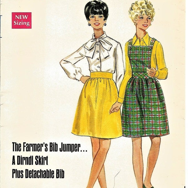 Butterick 5146, Vintage 1960s Sewing Pattern, Misses Jumper with Detachable Bib, Dirndl Skirt, Easy To Sew, Size 11