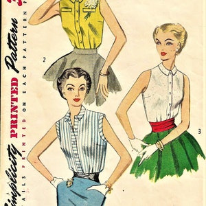 May include: A vintage sewing pattern for a sleeveless blouse. The pattern is for sizes 16 and 34 bust. The pattern is printed on a white background with a red and black border. The pattern includes three different styles of blouses. The first blouse is yellow with a white collar and buttons. The second blouse is blue and white striped with a white collar and buttons. The third blouse is white with a white collar and buttons. The pattern is from Simplicity and is number 4238.