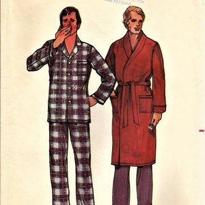 May include: Vintage Butterick sewing pattern 6367 featuring illustrations of sleepwear. The pattern includes a plaid pajama set and a solid red robe. The size is X-Large.