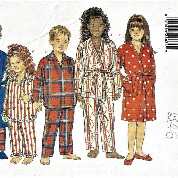 Butterick 5856 Vintage 1999 Sewing Pattern Unisex Boys Girls Sleepwear Pajamas Robe Pull On Pants Long Sleeve Top Sizes Small to XL, UNCUT