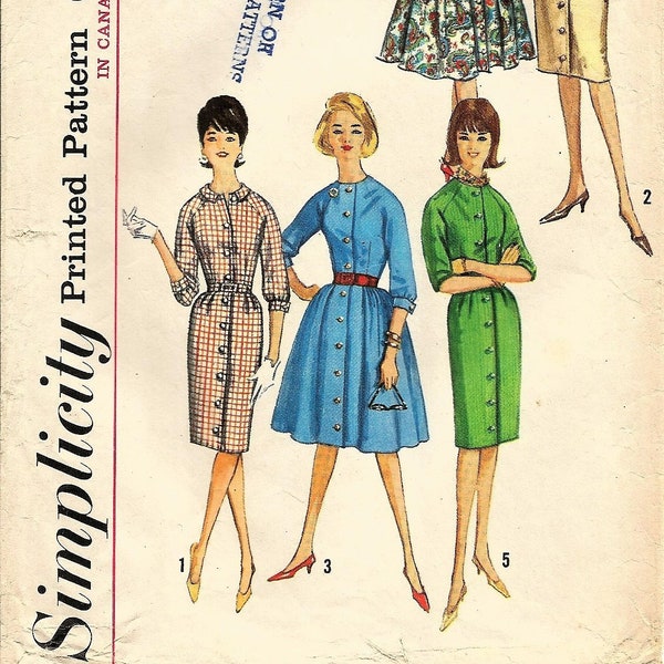 Simplicity 5036 Vintage 1963 Sewing Pattern Womans Shirtwaist Dress Raglan Sleeves Full or Slim Skirt Button Front Round Neck Collar Size 10