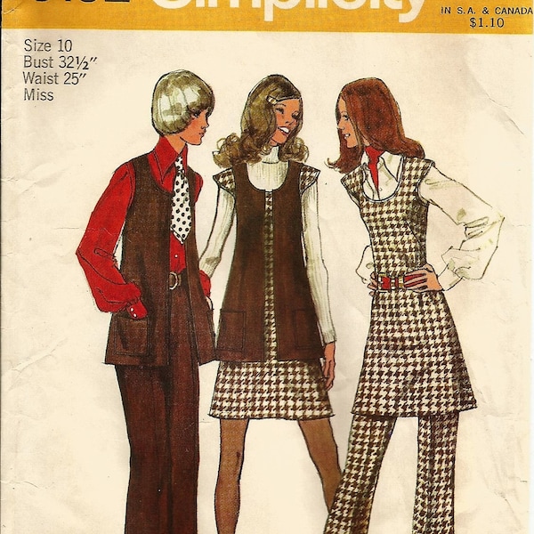 Simplicity 5192 Vintage 1972 Sewing Pattern Dress Jumper Tunic Vest Pants Scoop Neck Cap Sleeve Size 10 CUT & UNCUT