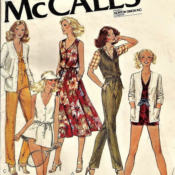 McCalls 6580 Vintage 1979 Sewing Pattern Womans Jumpsuit Dress Full Skirt V-neck Button Front Tennis Dress Cardigan Size 8 10 12 Cut & UNCUT