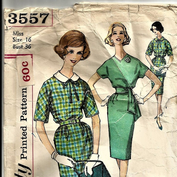 Simplicity 3557 Vintage 1960 Sewing Pattern Sheath Dress Slim Skirt W/Sash V-neck Detachable Collar Kimono Sleeve Grown On Sleeve Size 16