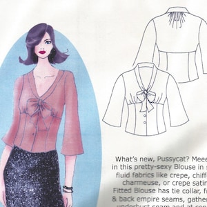 May include: A vintage sewing pattern for a fitted blouse with a tie collar, empire seams, and 3/4 sleeves. The pattern is called "Miss Moneypenny Pussycat Blouse" and is from the website "www.hotpatterns.com".