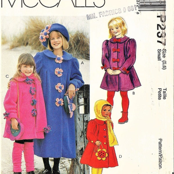 McCall's 7889 Vintage 1995 Sewing Pattern Girls Winter Swing Coat Retro 1950s Style with Accessories Hat Hooded Scarf Sizes 5 6 UNCUT Purse