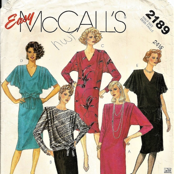 McCall's 2189, Vintage 1985 Sewing Pattern, Woman's Dress Tunic or Top, Dolman Long Sleeves or Flutter Short Sleeves, Size 24 half, UNCUT