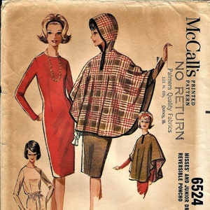 McCall&#39;s 6524, Vintage 1962 Sewing Pattern, Misses Cape, Poncho with Hood, Sheath Dress, Wiggle Dress, Fisheye Darts, Long Sleeves, Size 12