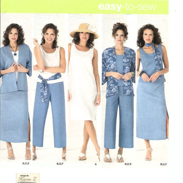 Simplicity 4552, Vintage 2005 Sewing Pattern by Karen Z, Easy Chic Line, Womans Top Jacket Dress Skirt Pants Scarf, UNCUT, Sizes 20W to 28W