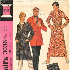 McCall's 3036, Vintage 1971 Sewing Pattern, Mens Robe, Shawl Collar, Piping, Patch Pockets, Short, Knee or Floor Length, Size Small 34 36