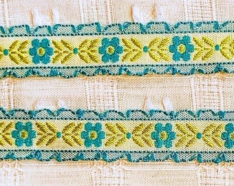 Vintage 1960s Flower Ribbon Trim, 1.80/yard, Aqua Lime Green White, Scalloped Edge, 5/8&quot; Wide, Perfect for Dresses Tops Girls Home Dec