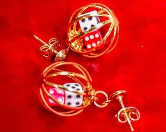 VINTAGE MINIATURE RED /& WHITE DICE with Gold Filled Cage.