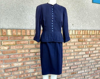 So So Stylish Classic 1950s Woman’s Wool Suit Dark Navy, Branell by Hilda Altmark, Princess Seams 11 Button Front Straight Skirt Wiggle Suit