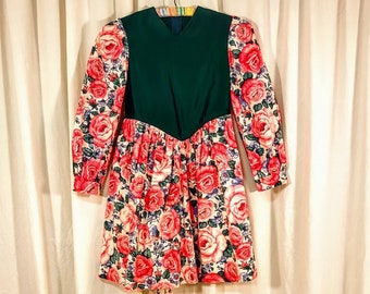 Vintage 1980’s Girls Holiday/Party Dress, Deep Green Satin Top, Pink and Blue Cotton Floral Skirt, Crinoline, Puffed Sleeves, Girls Size 8