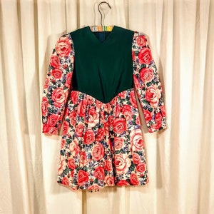 Vintage 1980’s Girls Holiday/Party Dress, Deep Green Satin Top, Pink and Blue Cotton Floral Skirt, Crinoline, Puffed Sleeves, Girls Size 8