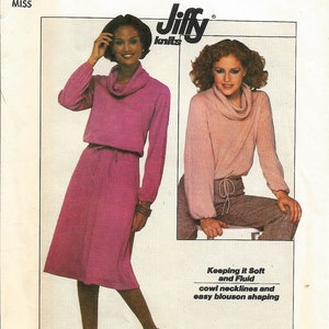 Simplicity 8162, Vintage 1977 Sewing Pattern, Misses Jiffy Knits, A-Line Skirt, Long Sleeve Cowl Neck Blouse, Sizes Petite 6-8, Small 10-12