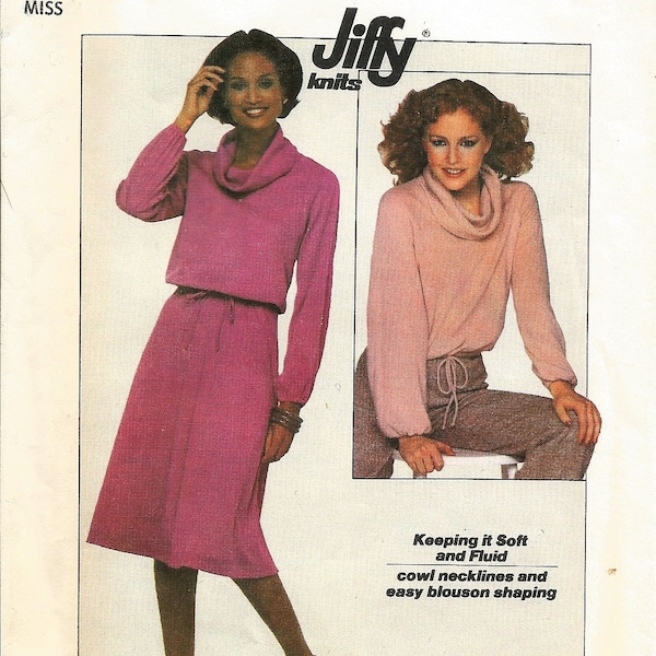 Simplicity 8162 Vintage 1977 Sewing Pattern Misses Jiffy Knits A-Line Skirt Long Sleeve Cowl Neck Blouse, Size Small 10-12 UNCUT