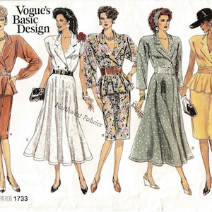 Vogue 1733, Vintage 1986 Sewing Pattern, Vogue Basic Design Dress, Straight or Flared Skirt, Sleeve Variations, Peplum, Sizes 8 10 12 UNCUT