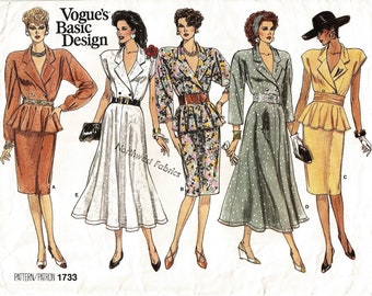 Vogue 1733, Vintage 1986 Sewing Pattern, Vogue Basic Design Dress, Straight or Flared Skirt, Sleeve Variations, Peplum, Sizes 8 10 12 UNCUT