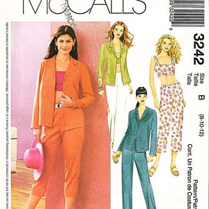 May include: McCall's sewing pattern featuring women's suits and separates. The cover shows a woman in an orange suit, a green jacket and white pants, and a patterned crop top and pants. The pattern number is 3242.