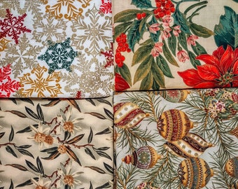 Christmas Fabric Assortment, Vintage Look Patterns, Light Backgrounds, 4 Different Designs, Poinsettia, Ornaments, Snowflakes, Flowers