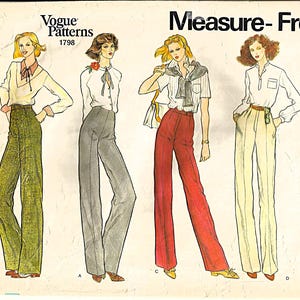 May include: Vintage Vogue Patterns 1798. Illustration of four women modeling different outfits. The outfits include wide-leg pants in green, gray, and red, paired with various blouses. The text "Measure-Free Gingham Fitting Shell" is visible.