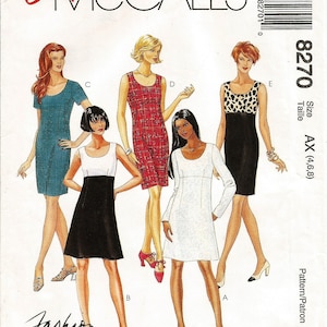 McCalls 8270, Vintage 1996 Sewing Pattern, Womans Empire Waist Dress A-Line or Straight, Sleeveless Short or Long Sleeves, Sizes 4 6 8 UNCUT