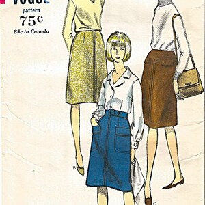 May include: Vintage Vogue sewing pattern 6285 featuring three skirt designs. The pattern includes waist and hip measurements of 26 and 36 inches. The pattern is priced at 75 cents, and 85 cents in Canada. The blouse is not included.