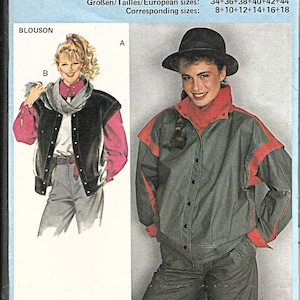 May include: A sewing pattern for a jacket with a red and gray color scheme. The pattern includes sizes 34-44 and 8-18. The pattern is from Burda, a popular sewing pattern company.