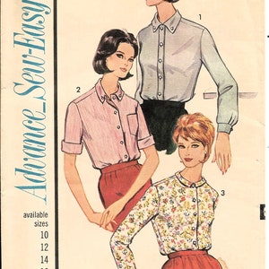 May include: A vintage sewing pattern for three different blouses. The pattern is for sizes 10-20 and is called "Advance Sew-Easy". The pattern number is 3393. The first blouse is a light blue button-down shirt with long sleeves. The second blouse is a pink and white striped button-down shirt with short sleeves. The third blouse is a white button-down shirt with a floral print and long sleeves.