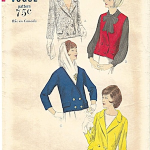 May include: Vintage Vogue pattern 6233 featuring illustrations of four different jacket styles. The pattern includes a double-breasted blue jacket, a yellow blazer, a red vest, and a patterned jacket. The pattern is size 14, bust 34.