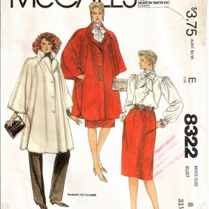 May include: A sewing pattern for a women's coat with a cape collar. The pattern is from McCall's and is designed by Halston. The pattern number is 8322 and the bust size is 31 1/2 inches.