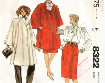 McCall's 8322, Vintage 1982 Sewing Pattern, Halston, Unlined Poncho/Coat, Straight Gathered Skirt, Bow Tied Collared Blouse, Size 8, UNCUT